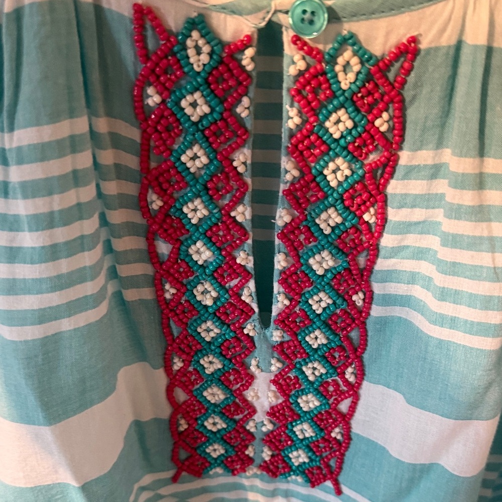 NWT Talbots Turquoise and White Striped Peasant Top with beaded Panel - Picture 4 of 8